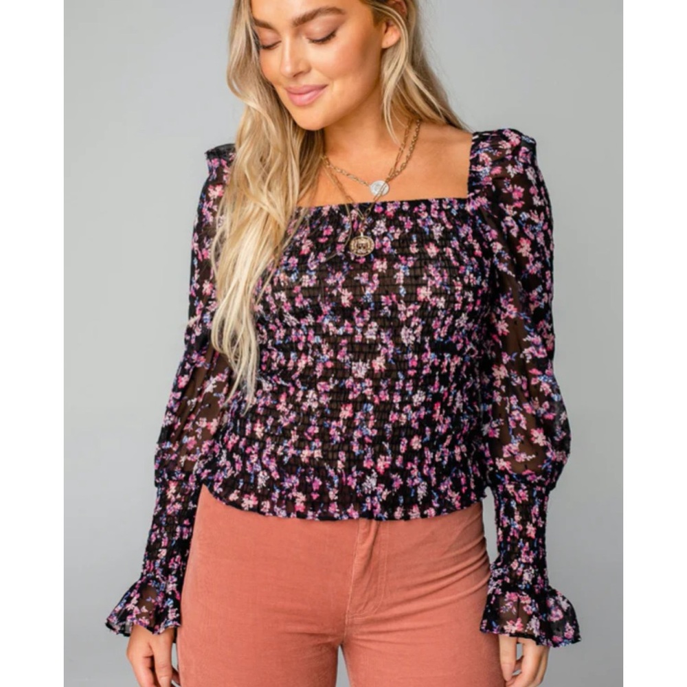 Floral Sheer Black and Pink Smocked Top - BuddyLove  Cassie